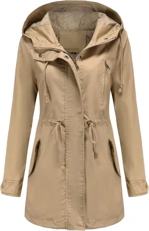 EFOFEI Women Zip Up Drawstring Waist Jackets Military Anorak Hooded Outerwear Utility Button Lightweight Coat With Pockets