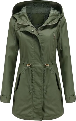 EFOFEI Women Zip Up Drawstring Waist Jackets Military Anorak Hooded Outerwear Utility Button Lightweight Coat With Pockets