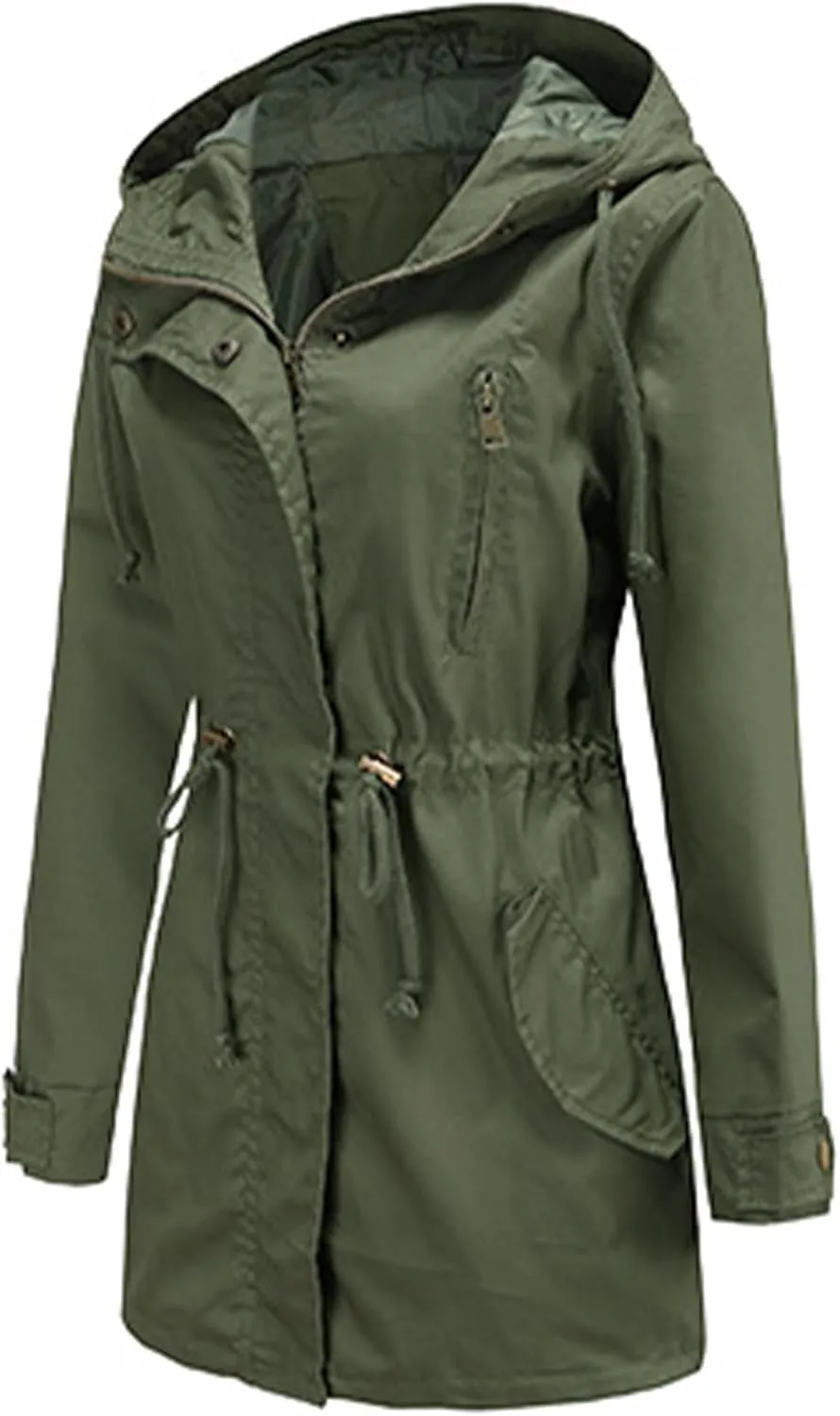 EFOFEI Women Zip Up Drawstring Waist Jackets Military Anorak Hooded Outerwear Utility Button Lightweight Coat With Pockets