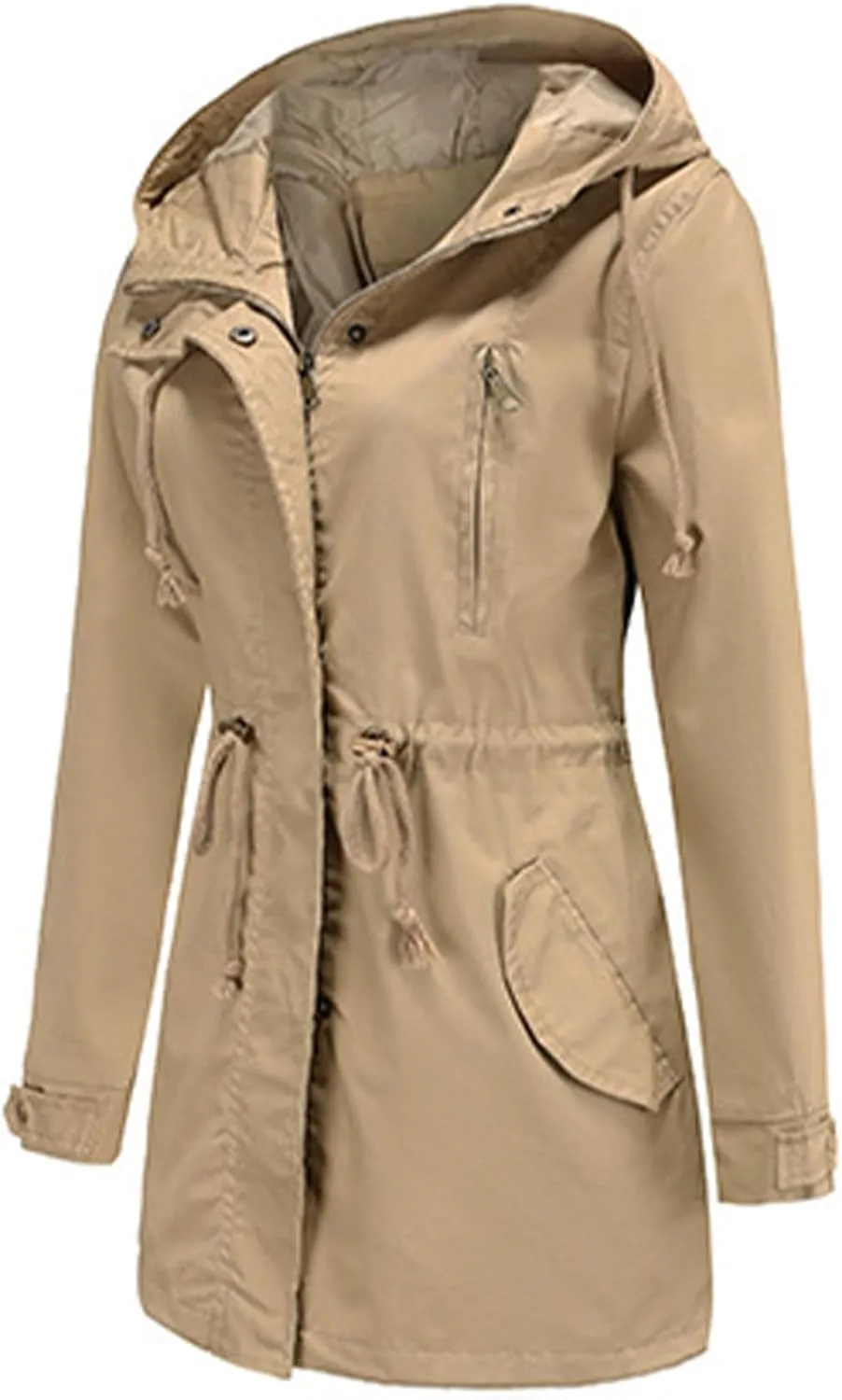 EFOFEI Women Zip Up Drawstring Waist Jackets Military Anorak Hooded Outerwear Utility Button Lightweight Coat With Pockets