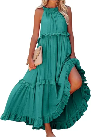 Elegant Women's Sleeveless Maxi Summer Beach Long Loose Flowy Ruffle Tiered Maxi Dress with Pockets