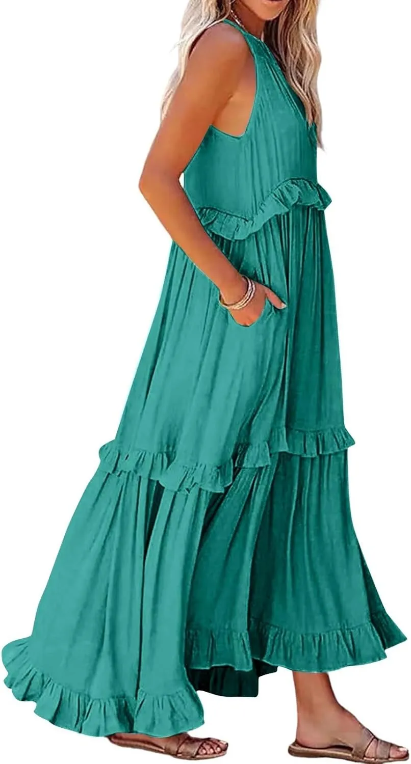 Elegant Women's Sleeveless Maxi Summer Beach Long Loose Flowy Ruffle Tiered Maxi Dress with Pockets