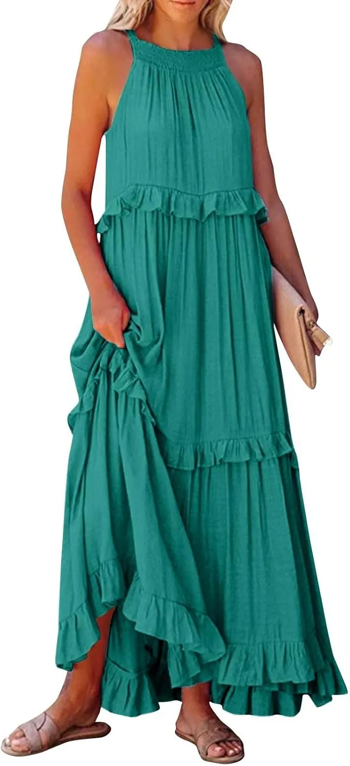 Elegant Women's Sleeveless Maxi Summer Beach Long Loose Flowy Ruffle Tiered Maxi Dress with Pockets