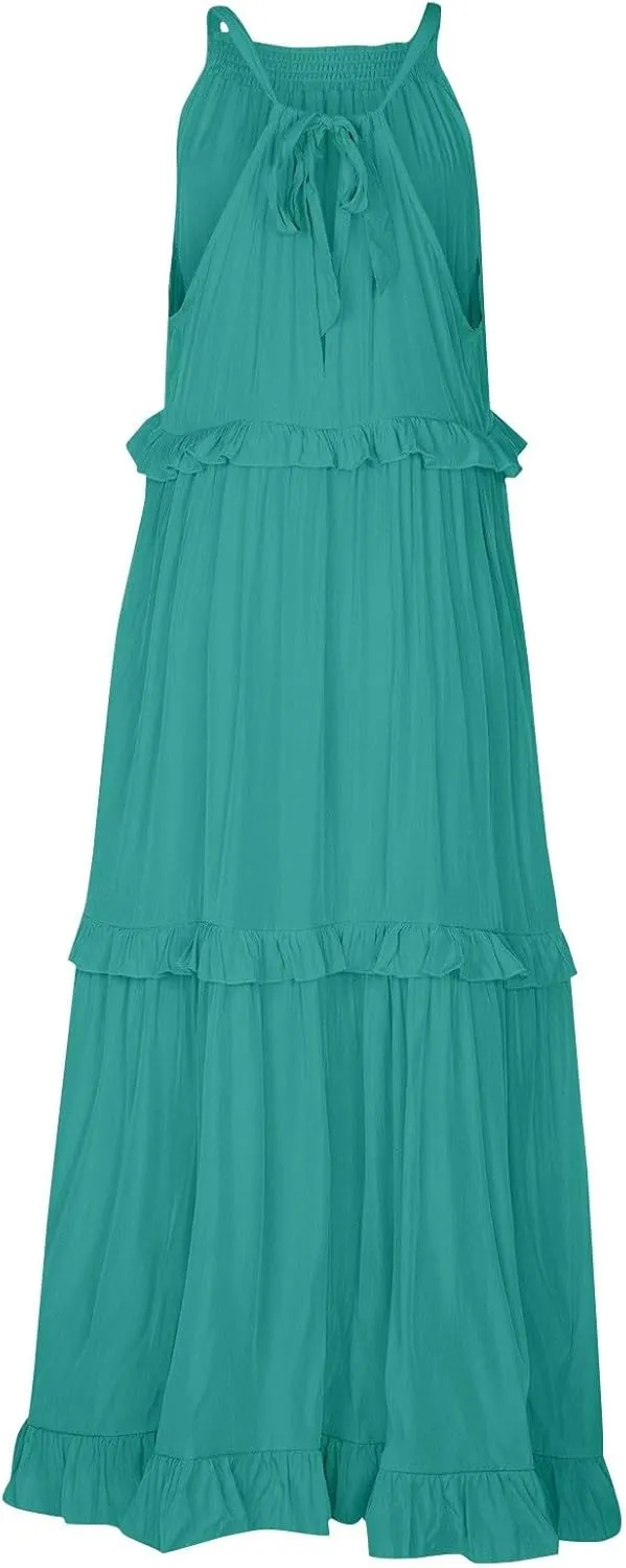 Elegant Women's Sleeveless Maxi Summer Beach Long Loose Flowy Ruffle Tiered Maxi Dress with Pockets