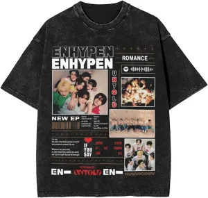 Enhypens Music Mens Vintage Denim T-Shirts Women Oversized Short Sleeve Soft Cotton Shirt