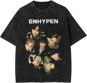 Enhypens Music Mens Vintage Denim T-Shirts Women Oversized Short Sleeve Soft Cotton Shirt