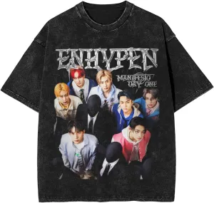 Enhypens Music Mens Vintage Denim T-Shirts Women Oversized Short Sleeve Soft Cotton Shirt