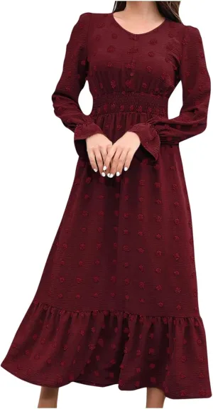 Fall Swiss Dot Dress for Women Long Sleeve V Neck Button Smocked High Waisted A Line Ruffle Flowy Tiered Maxi Dresses