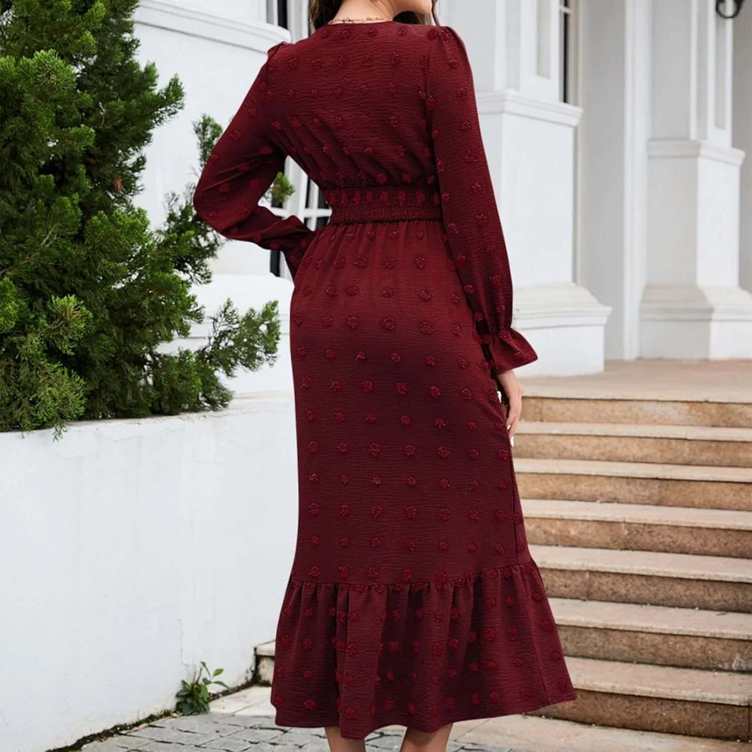 Fall Swiss Dot Dress for Women Long Sleeve V Neck Button Smocked High Waisted A Line Ruffle Flowy Tiered Maxi Dresses