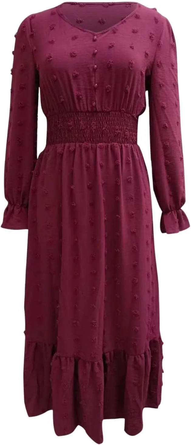 Fall Swiss Dot Dress for Women Long Sleeve V Neck Button Smocked High Waisted A Line Ruffle Flowy Tiered Maxi Dresses