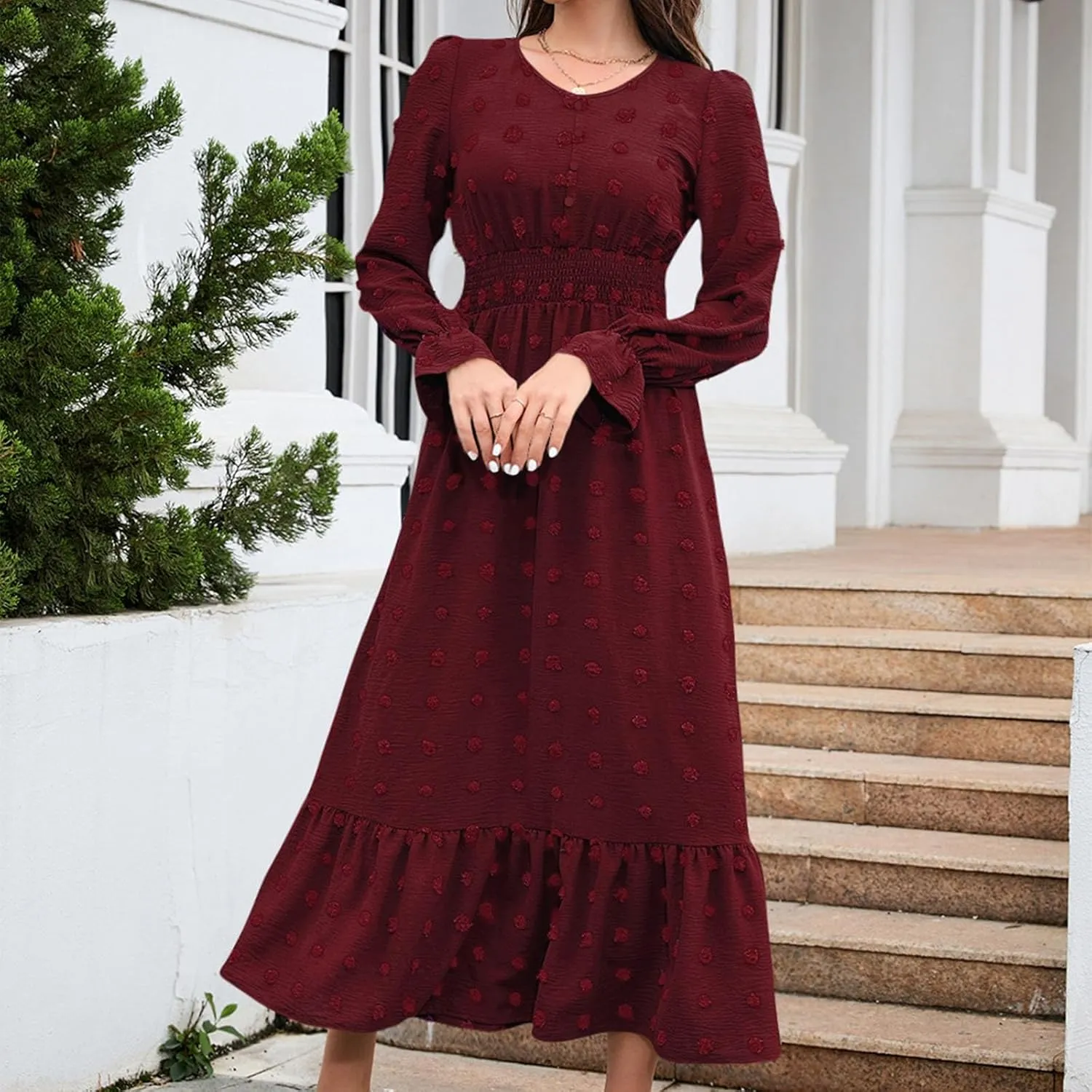 Fall Swiss Dot Dress for Women Long Sleeve V Neck Button Smocked High Waisted A Line Ruffle Flowy Tiered Maxi Dresses