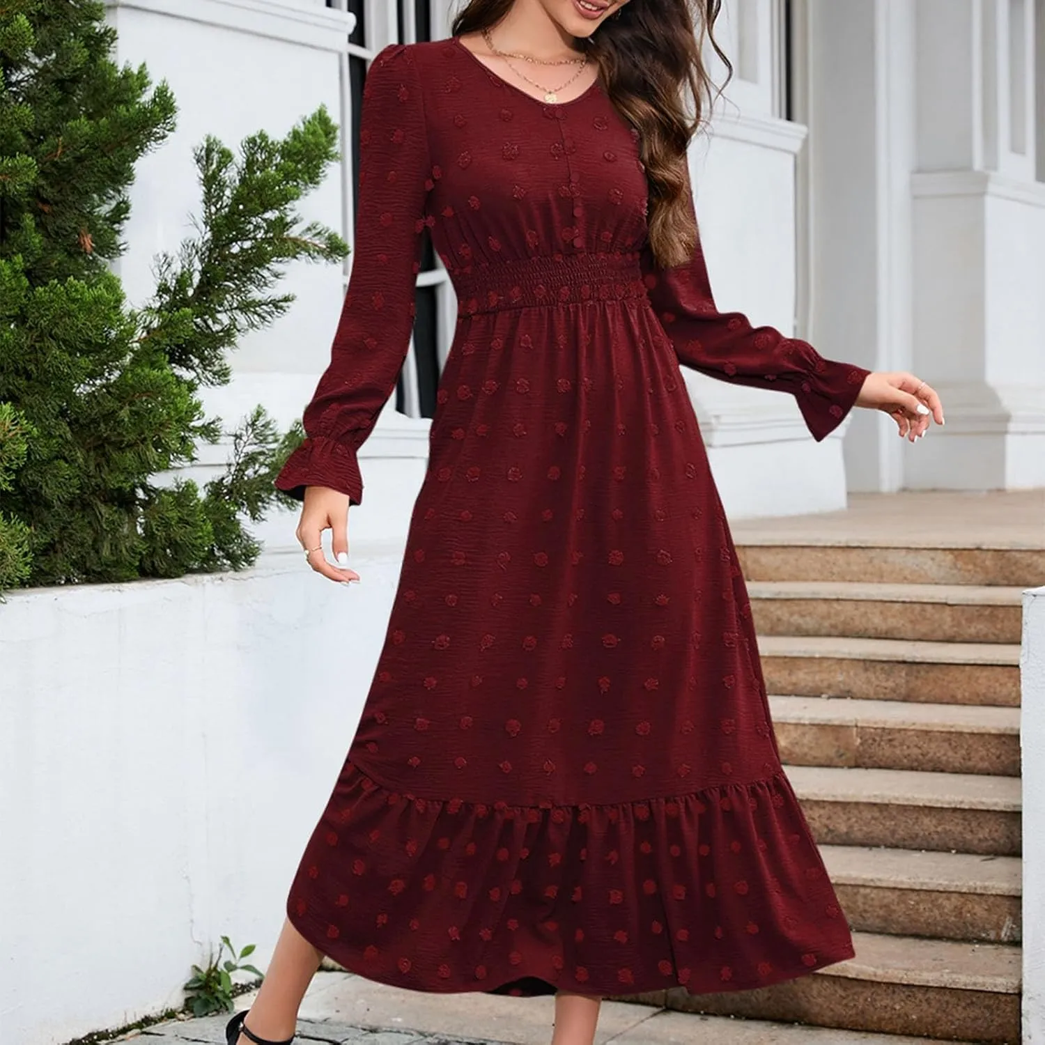 Fall Swiss Dot Dress for Women Long Sleeve V Neck Button Smocked High Waisted A Line Ruffle Flowy Tiered Maxi Dresses