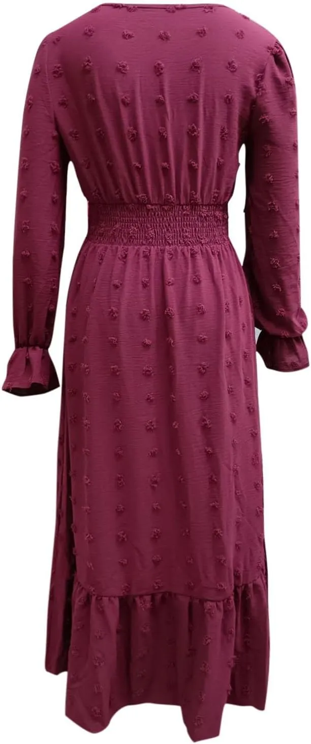 Fall Swiss Dot Dress for Women Long Sleeve V Neck Button Smocked High Waisted A Line Ruffle Flowy Tiered Maxi Dresses