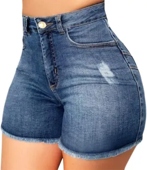 FarJing Jean Shorts for Women High Waisted Distressed Ripped Denim Shorts Stretchy Frayed Raw Hem Hot Short Jeans
