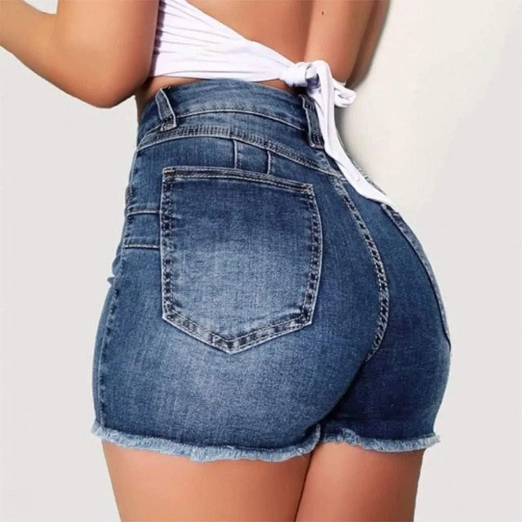 FarJing Jean Shorts for Women High Waisted Distressed Ripped Denim Shorts Stretchy Frayed Raw Hem Hot Short Jeans