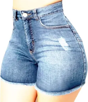 FarJing Jean Shorts for Women High Waisted Distressed Ripped Denim Shorts Stretchy Frayed Raw Hem Hot Short Jeans
