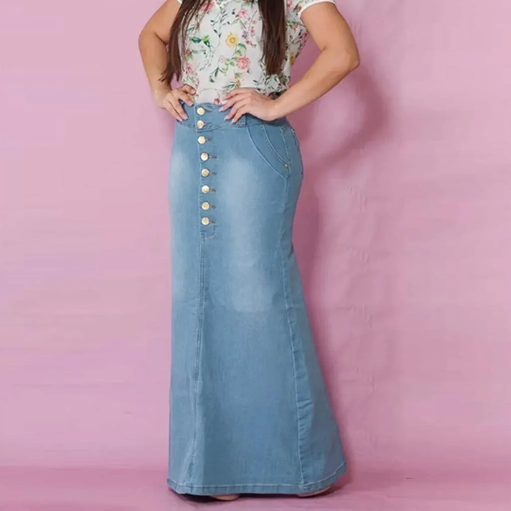 Fashion Front Skirts Washed Jean Casual Senim Long Skirt Denim Long A-Line Vintage Women's Oiversized Button Jean Maxi Skirt