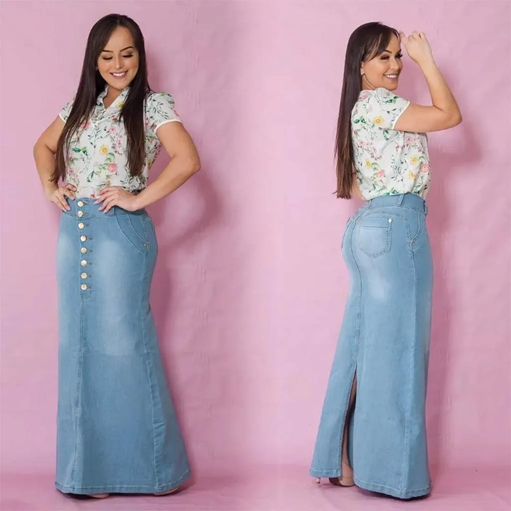 Fashion Front Skirts Washed Jean Casual Senim Long Skirt Denim Long A-Line Vintage Women's Oiversized Button Jean Maxi Skirt