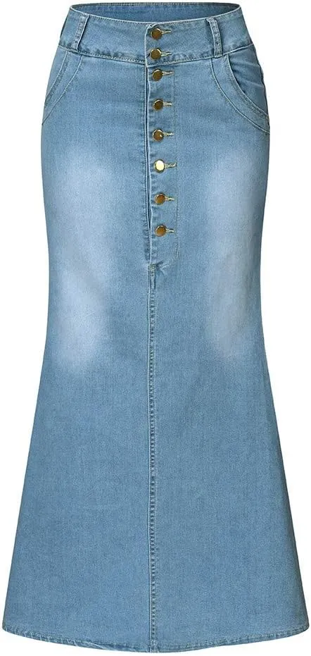 Fashion Front Skirts Washed Jean Casual Senim Long Skirt Denim Long A-Line Vintage Women's Oiversized Button Jean Maxi Skirt