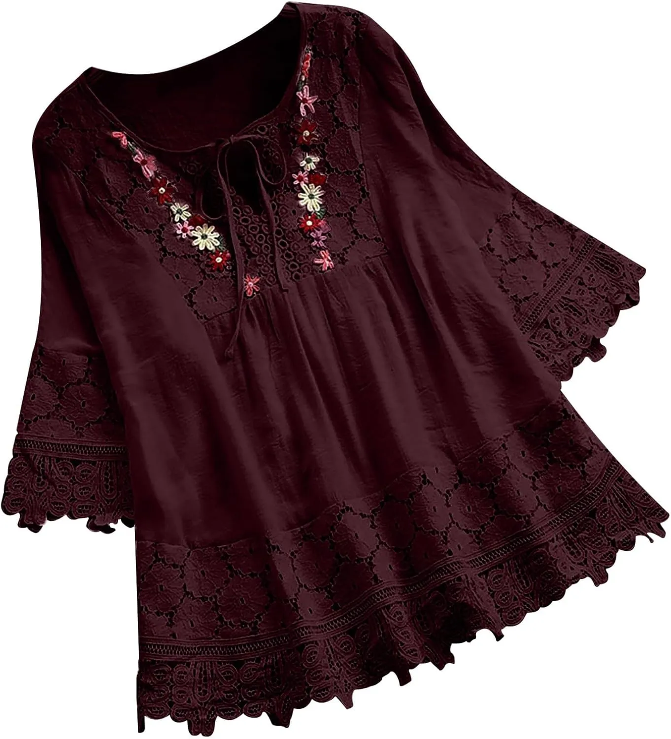 Fashion Tops for Women Vintage Lace Patchwork Bow V Neck 3/4 Sleeve Casual Tshirt Loose Fit Lightweight Summer Shirts