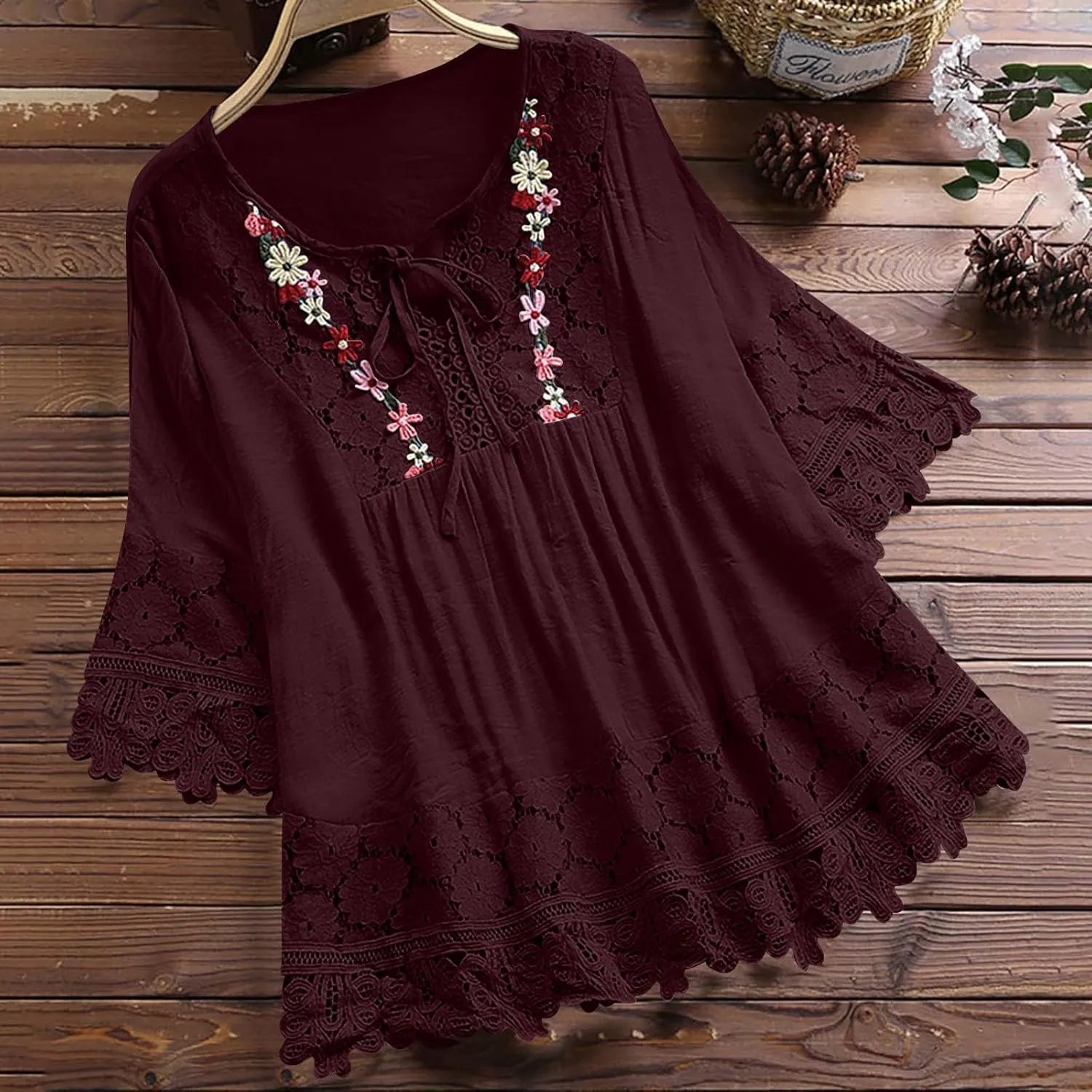 Fashion Tops for Women Vintage Lace Patchwork Bow V Neck 3/4 Sleeve Casual Tshirt Loose Fit Lightweight Summer Shirts