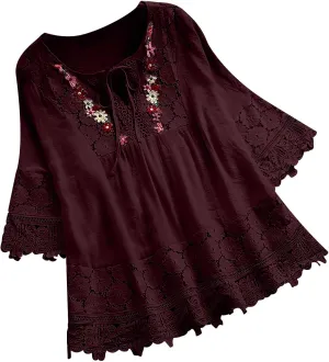 Fashion Tops for Women Vintage Lace Patchwork Bow V Neck 3/4 Sleeve Casual Tshirt Loose Fit Lightweight Summer Shirts