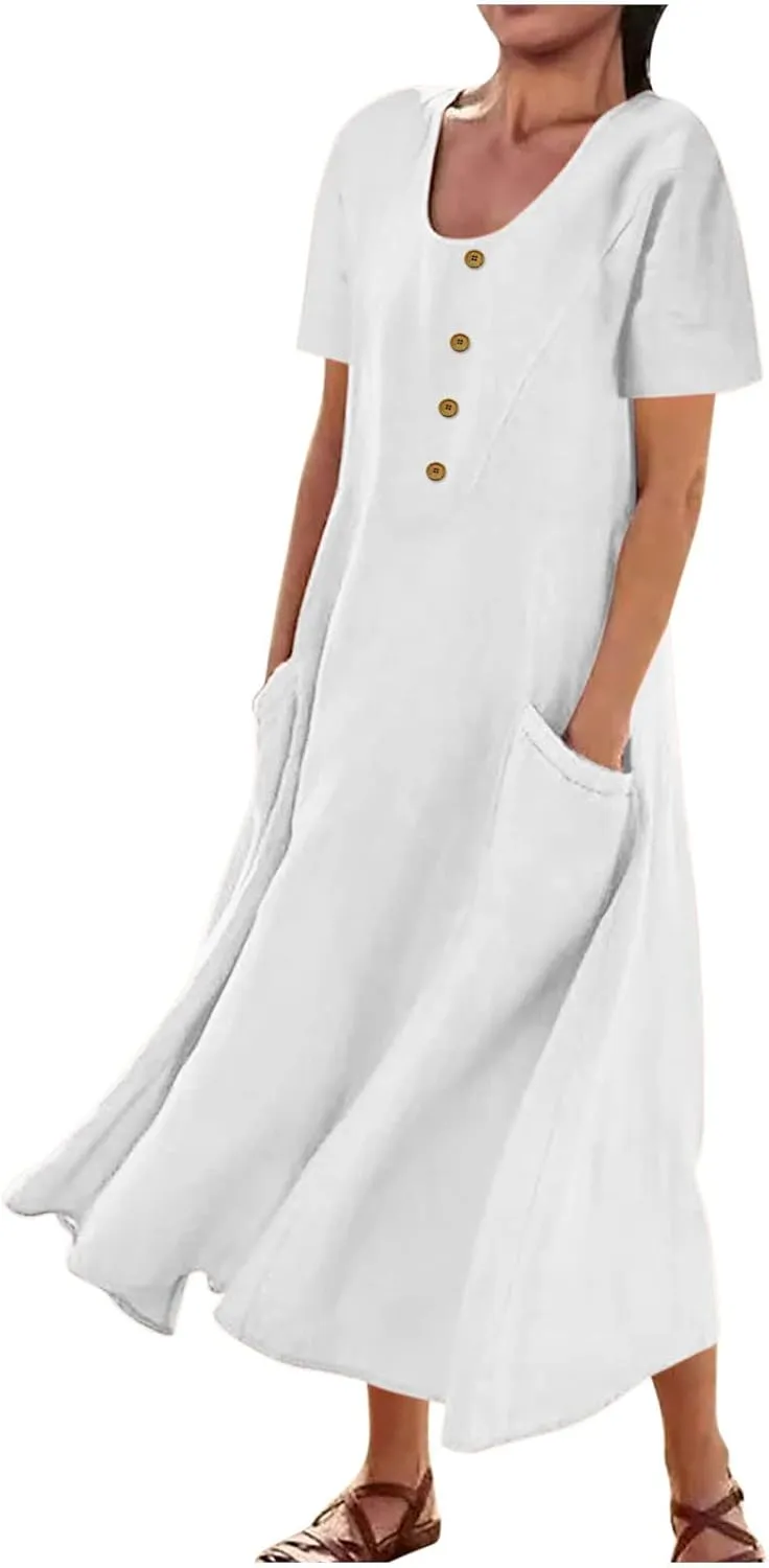 Finelylove Womens Cotton Linen Long Dress Short Sleeve Loose Flowy Dress Casual Midi Summer Beach Sundress with Pockets