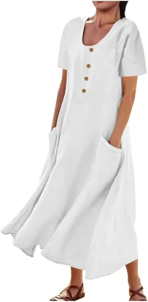 Finelylove Womens Cotton Linen Long Dress Short Sleeve Loose Flowy Dress Casual Midi Summer Beach Sundress with Pockets