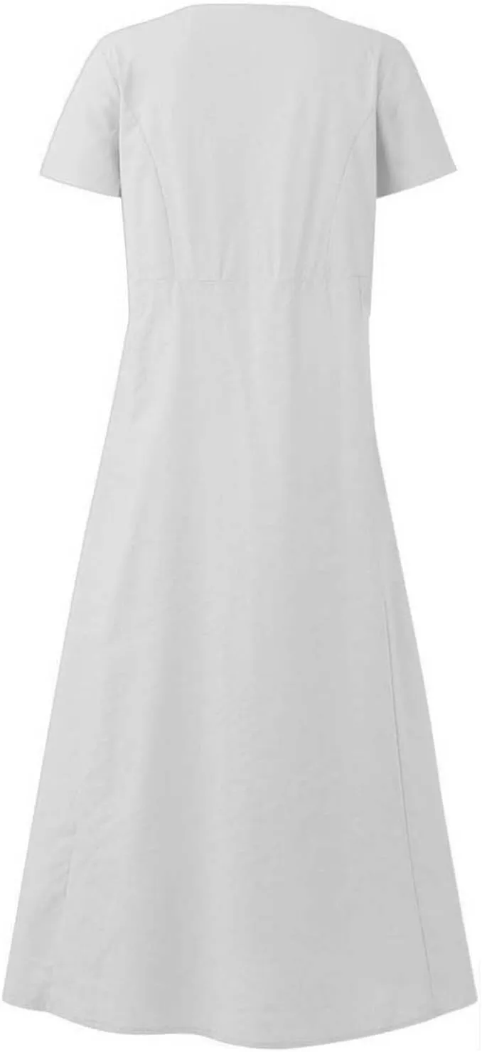 Finelylove Womens Cotton Linen Long Dress Short Sleeve Loose Flowy Dress Casual Midi Summer Beach Sundress with Pockets