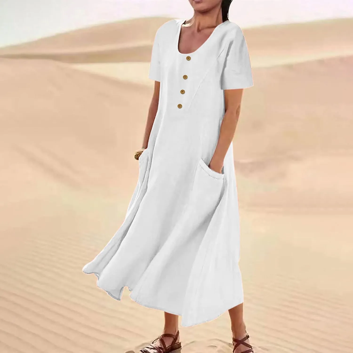 Finelylove Womens Cotton Linen Long Dress Short Sleeve Loose Flowy Dress Casual Midi Summer Beach Sundress with Pockets
