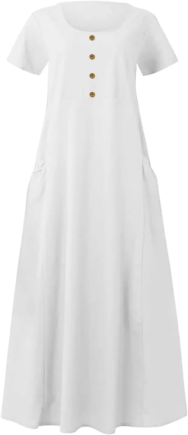 Finelylove Womens Cotton Linen Long Dress Short Sleeve Loose Flowy Dress Casual Midi Summer Beach Sundress with Pockets