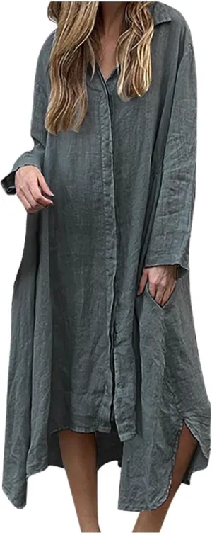 Finelylove Womens Summer Maxi Dresses 2025 Long Sleeve Button Down Shirt Dress Plus Size Cotton Linen Beach Vacation Dress