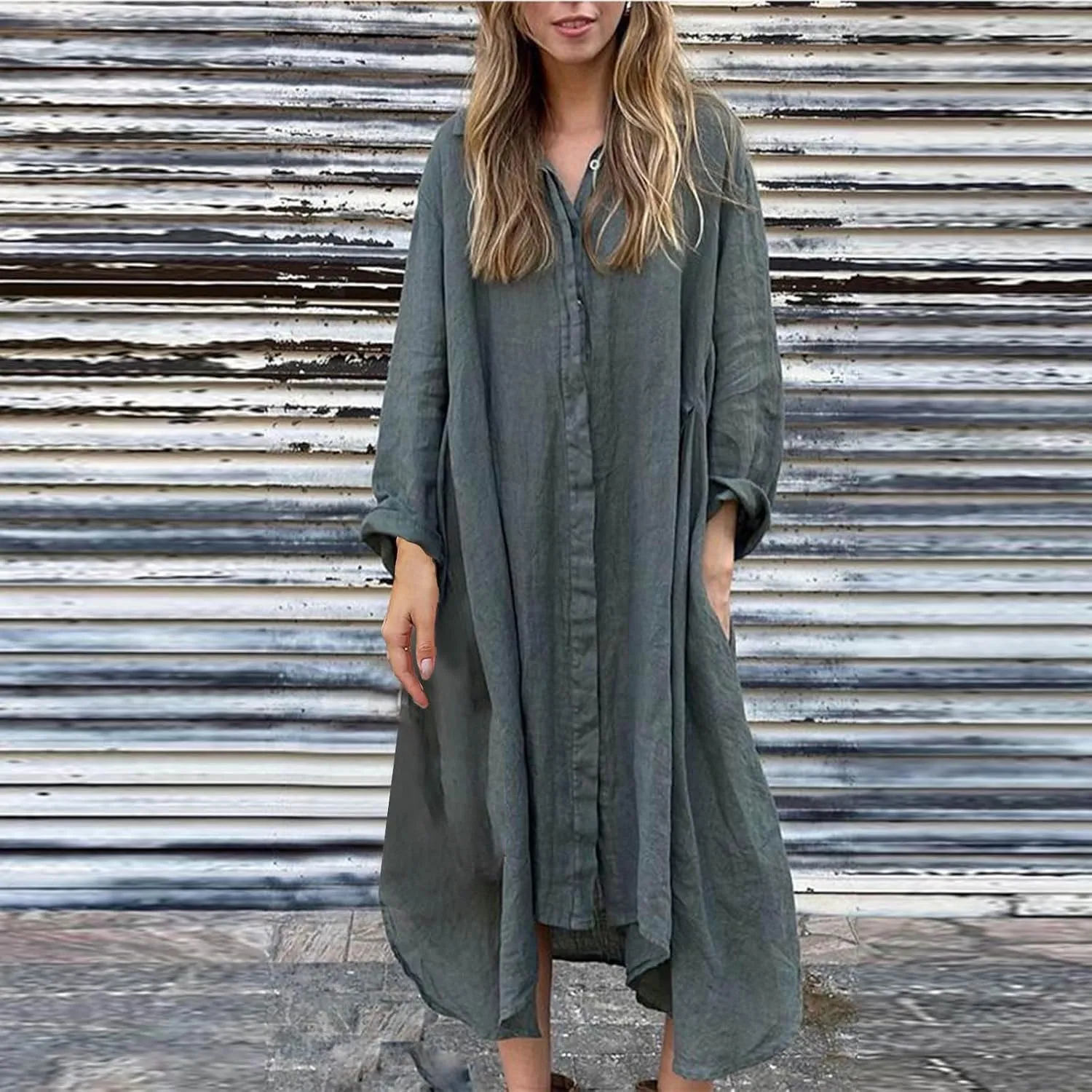 Finelylove Womens Summer Maxi Dresses 2025 Long Sleeve Button Down Shirt Dress Plus Size Cotton Linen Beach Vacation Dress