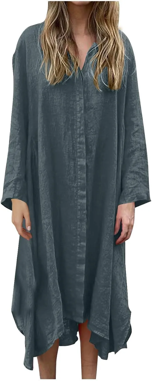 Finelylove Womens Summer Maxi Dresses 2025 Long Sleeve Button Down Shirt Dress Plus Size Cotton Linen Beach Vacation Dress