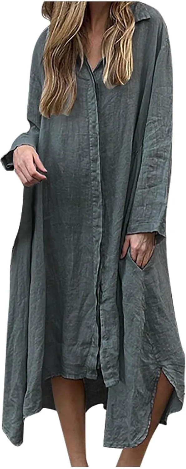Finelylove Womens Summer Maxi Dresses 2025 Long Sleeve Button Down Shirt Dress Plus Size Cotton Linen Beach Vacation Dress