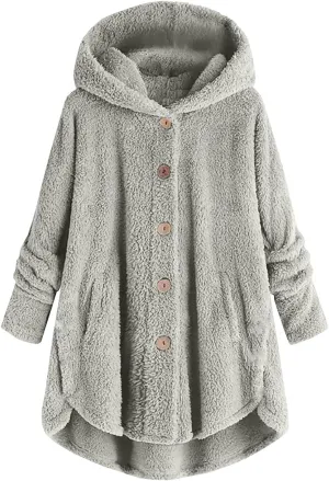 Fleece Jacket Women Button Down Sherpa Jacket Fuzzy Warm Jacket Long Sleeve Hooded Coat Winter Coats for Women