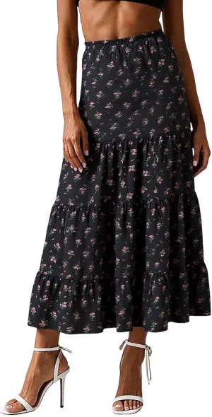 Floral Boho Maxi Skirts for Women 2025 Summer Vacation Elastic High Waisted Flowy A-Line Swing Skirt