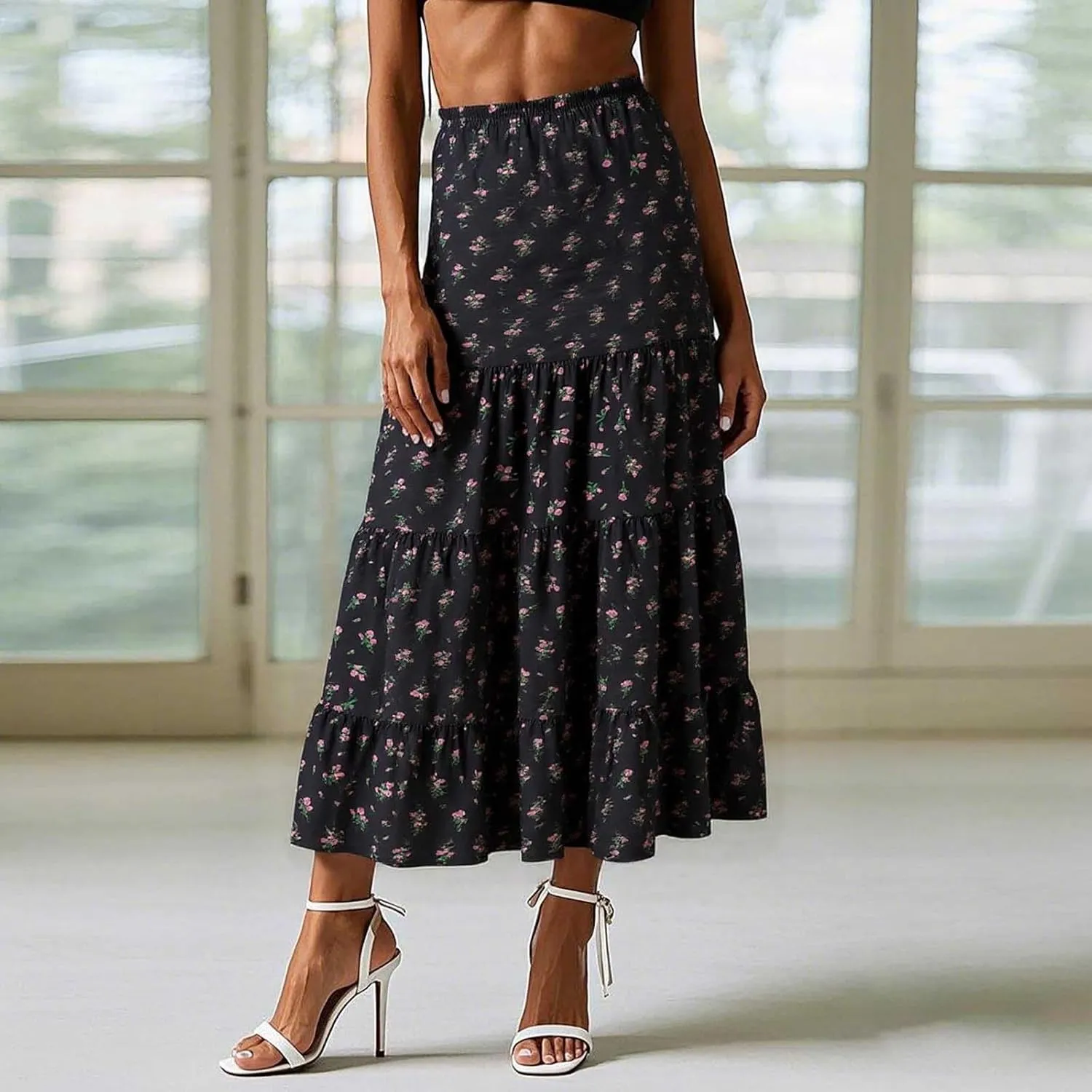 Floral Boho Maxi Skirts for Women 2025 Summer Vacation Elastic High Waisted Flowy A-Line Swing Skirt