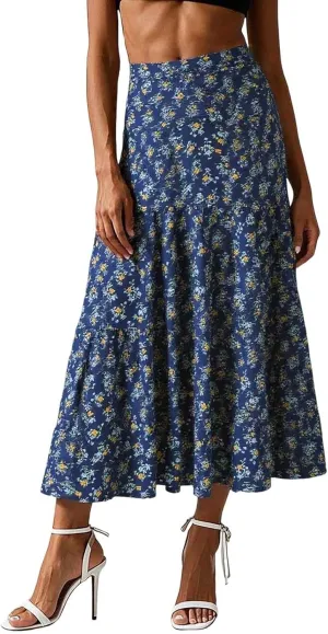 Floral Boho Maxi Skirts for Women 2025 Summer Vacation Elastic High Waisted Flowy A-Line Swing Skirt