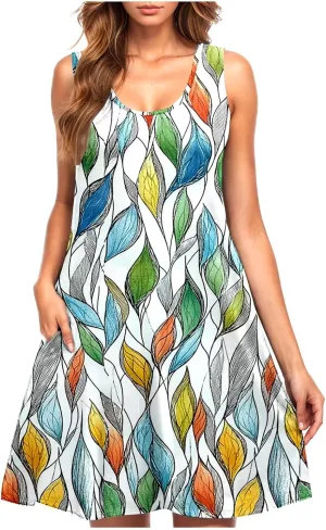 Floral Dresses for Women Boho Sundress Beach Vacation Casual Sleeveless Round Neck Resort Mini Dress with Pocket
