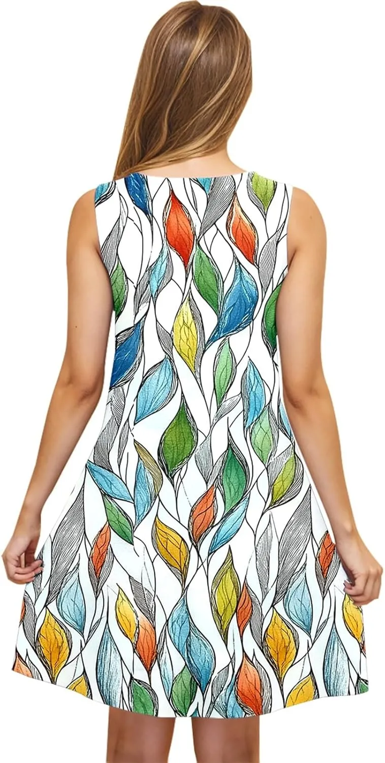 Floral Dresses for Women Boho Sundress Beach Vacation Casual Sleeveless Round Neck Resort Mini Dress with Pocket