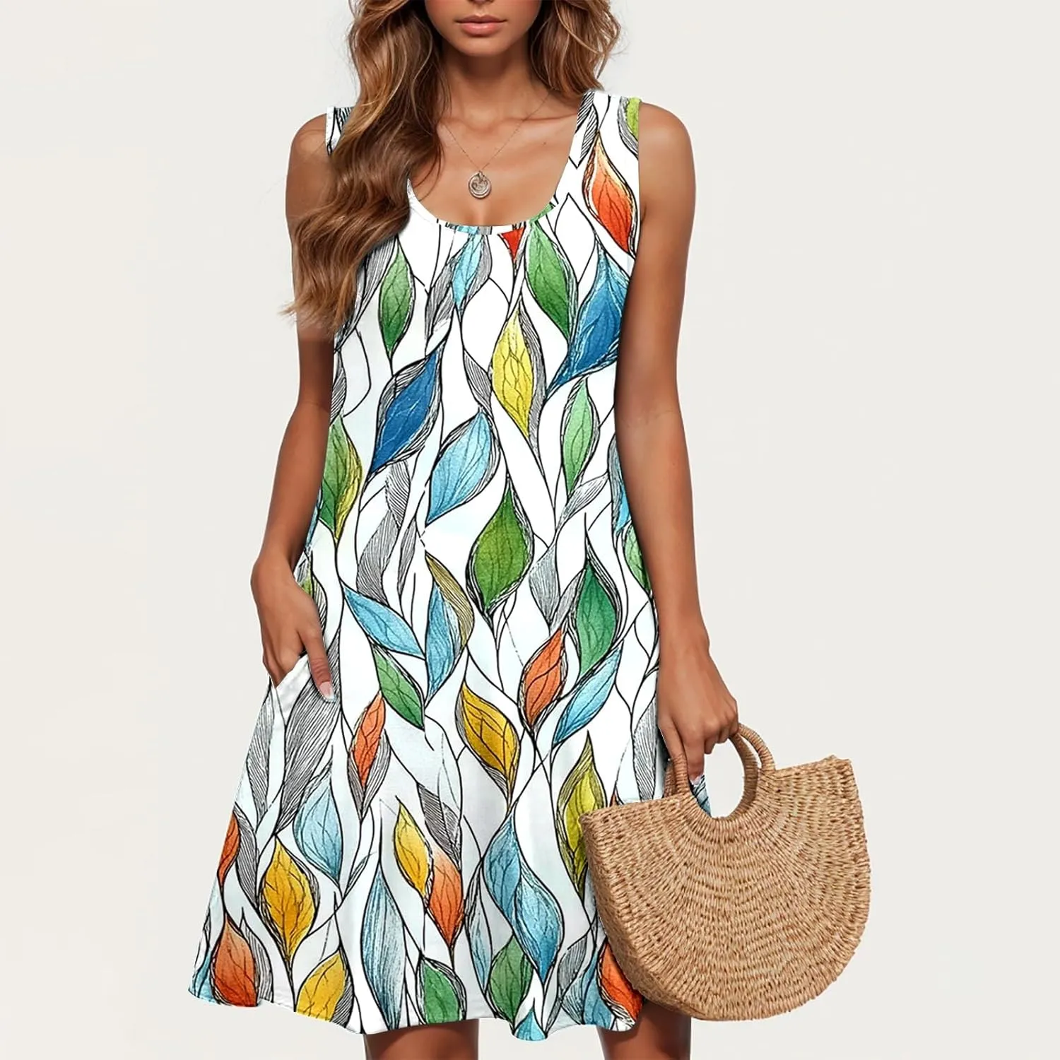 Floral Dresses for Women Boho Sundress Beach Vacation Casual Sleeveless Round Neck Resort Mini Dress with Pocket