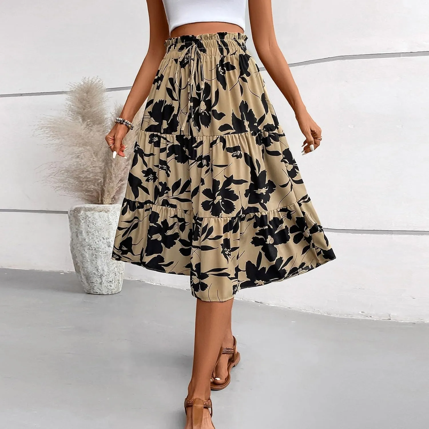 Floral Maxi Skirts for Women 2025 Summer Comfy Tiered Elastic High Waisted Skorts Vacation Flowy Swing Long Dress