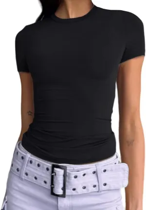 ForeFair Women Cauasl Basic Going Out Tops Short Sleeve Solid Slim Fit Crewneck Summer Y2k T Shirts