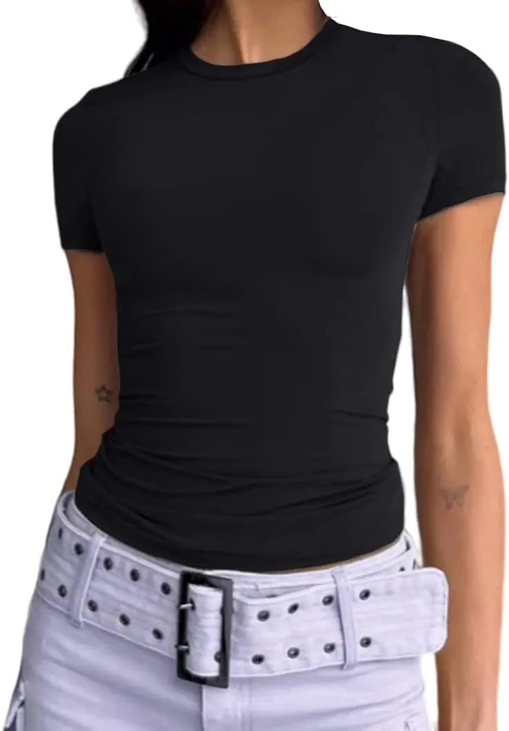 ForeFair Women Cauasl Basic Going Out Tops Short Sleeve Solid Slim Fit Crewneck Summer Y2k T Shirts