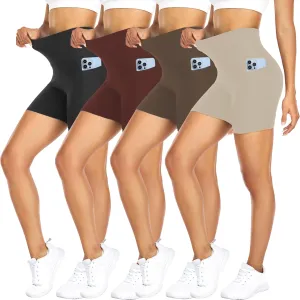 FULLSOFT 4 Pack Biker Shorts for Women with Pockets – 5" High Waisted Tummy Control Workout Yoga Running Gym Tennis Shorts
