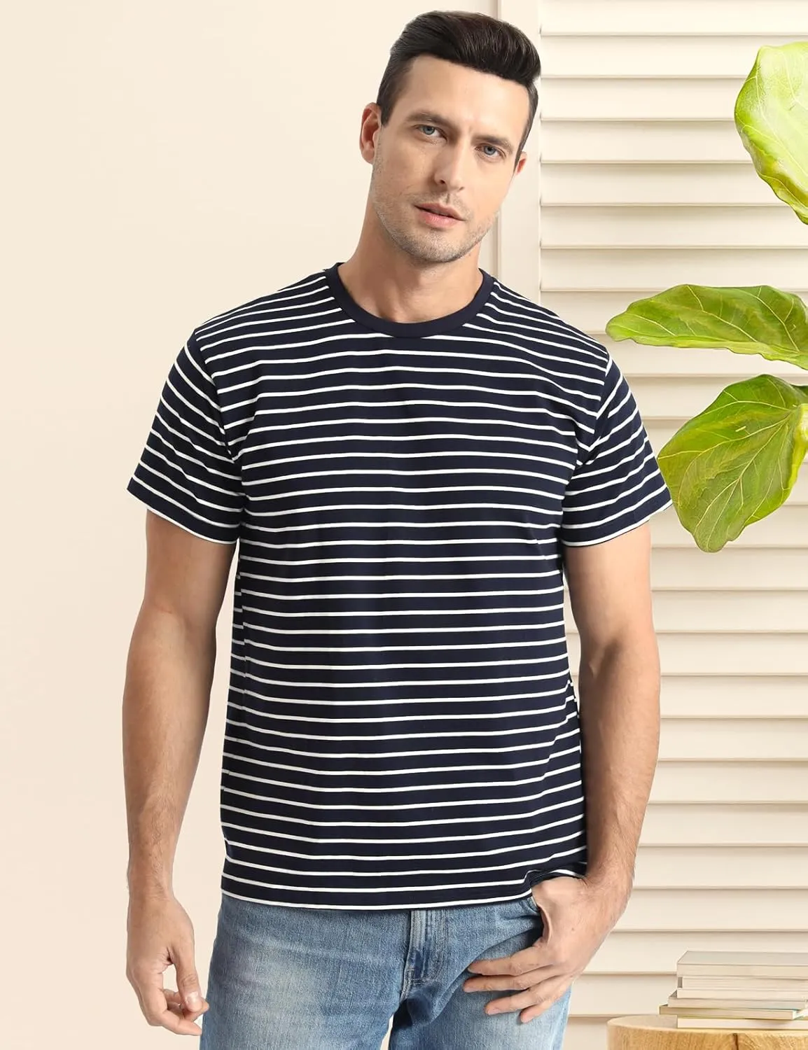 Funny World Men's Casual Cotton Striped T-Shirts Short Sleeve Crewneck Basic Tee