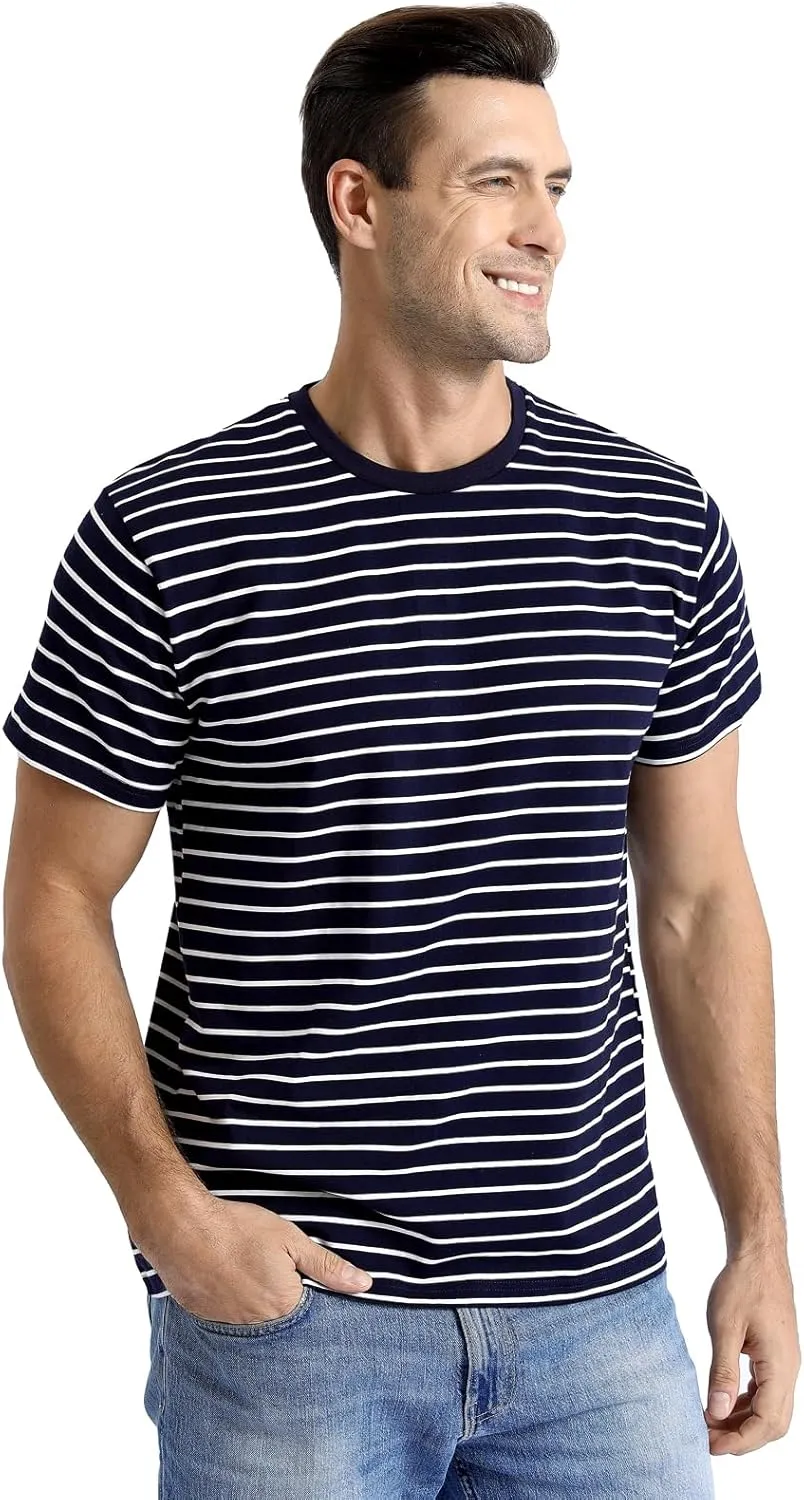 Funny World Men's Casual Cotton Striped T-Shirts Short Sleeve Crewneck Basic Tee