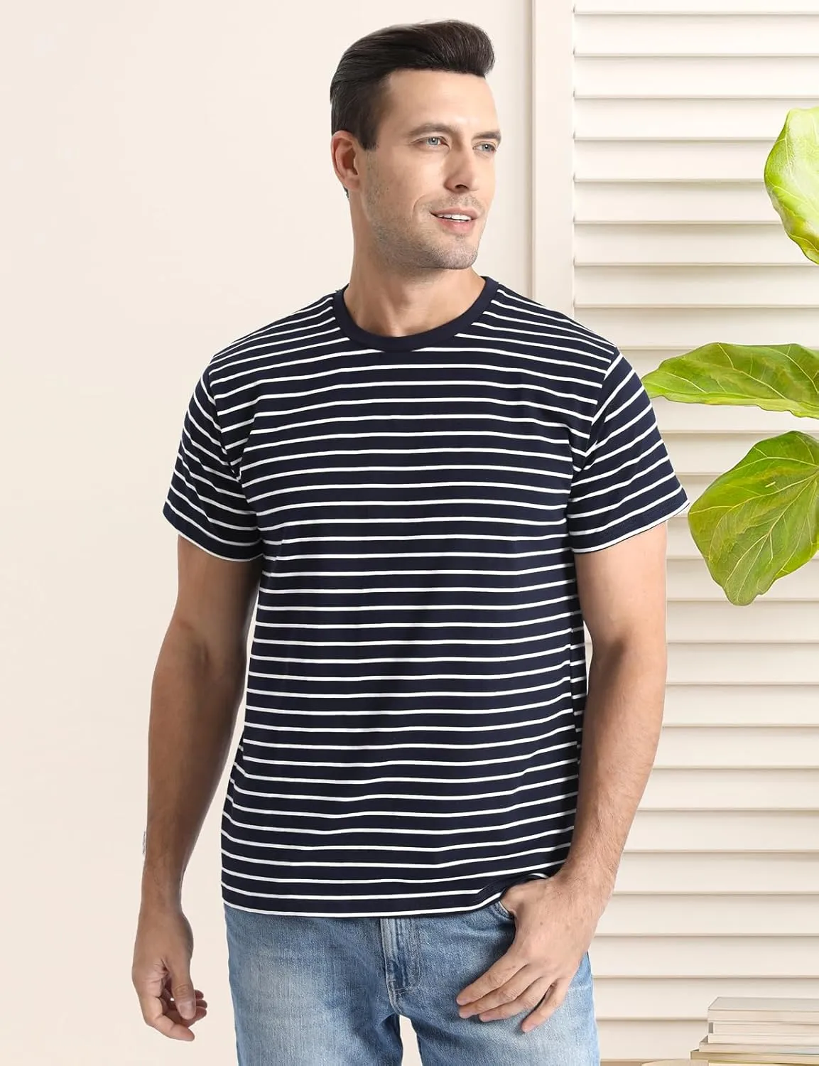 Funny World Men's Casual Cotton Striped T-Shirts Short Sleeve Crewneck Basic Tee