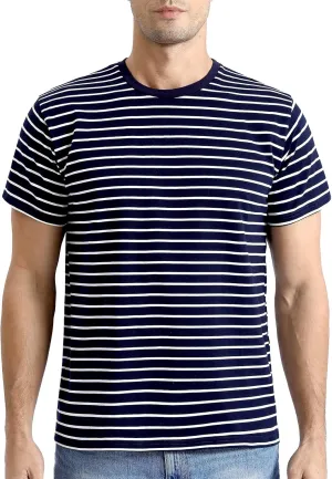 Funny World Men's Casual Cotton Striped T-Shirts Short Sleeve Crewneck Basic Tee